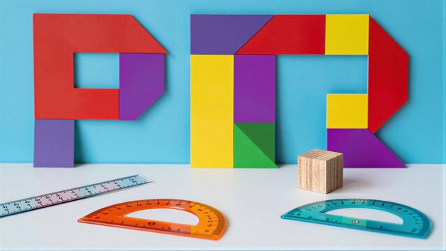 Colorful geometric shapes and measuring tools on a bright, clean surface.
