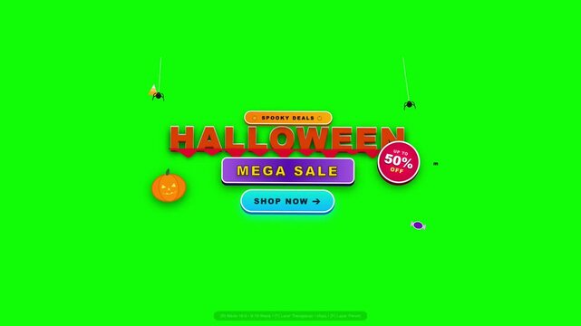 Vibrant Halloween Mega Sale Promotional Graphic Featuring Festive Pumpkin Icons and Discount Badges Set Against a Solid Chroma Key Background