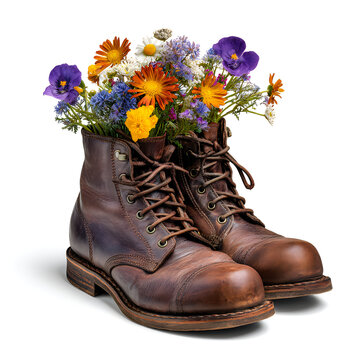 Rustic brown leather boots filled with a colorful wildflower bouquet