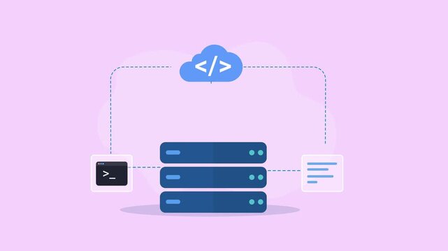 Flat vector animation showing cloud server development with database servers, code terminal, and document elements in a clean modern technology concept.