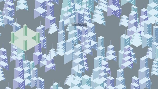 Isometric animation of smart city experiencing power grid collapse blackout and restoring electricity through reserve battery and smart routing energy distribution system