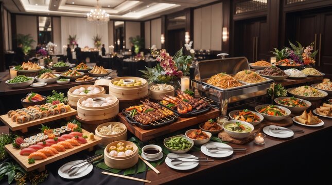 Professional caterers arranging elaborate gourmet buffet spread for corporate event in upscale hotel banquet hall