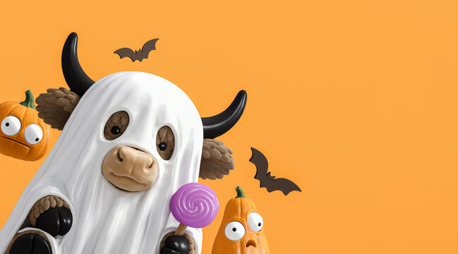 Ghost cow holding lollipop with pumpkins on orange background with copy space. Halloween greeting card design. 3D Rendering, 3D Illustration