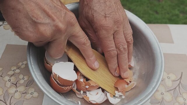 Close up of elderly hands crushing brown eggshells in a metal bowl using a wooden spatula. Natural and organic fertilizer for the garden