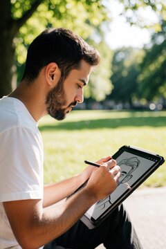 Bearded male artist draws digital caricature on tablet outdoors. Young creative man uses stylus for sketching character design in green park. Freelance illustrator works with mobile tech during