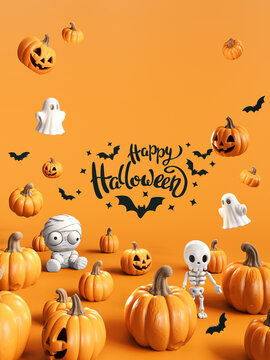 Happy Halloween greeting card design. Bunch of pumpkins and ghosts with Happy Halloween text on orange background. 3D Rendering, 3D Illustration