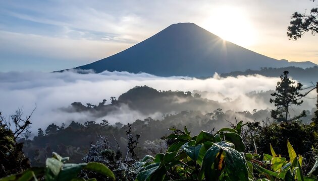 Stunning Sunrise View Over Majestic Volcano Peak Rising Above Dense Morning Clouds