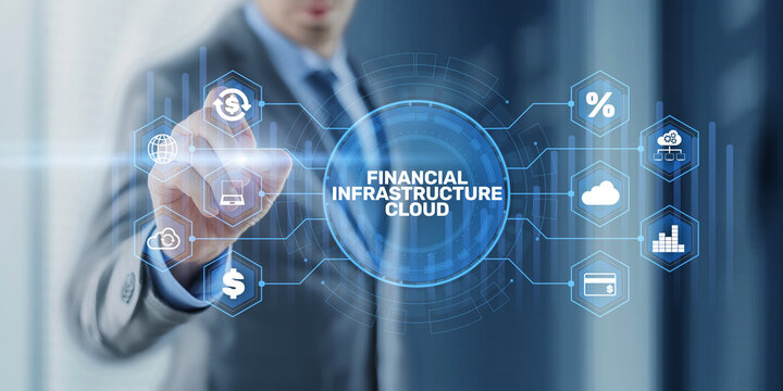 Financial Infrastructure Cloud Modern Finance Platform with Integrated Digital Systems Interface Businessman Touching Virtual Dashboard Screen Cloud Technology Concept