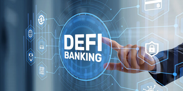 DeFi Banking Finance Platform with Blockchain Ecosystem Digital Assets Secure Interface Businessman Touching Virtual Dashboard Screen Financial System Technology