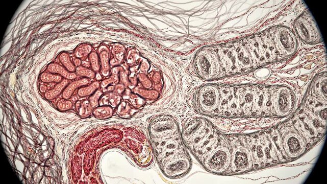 Healthy kidney tissue toward chronic kidney disease, beginning with a realistic nephron containing a well-structured glomerulus, intact capillary loops and organized renal tubules