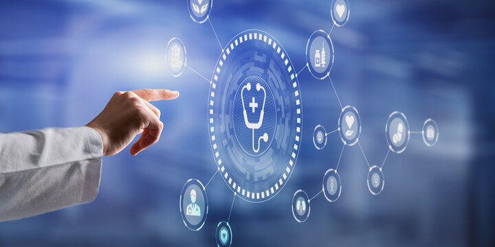 Medical professional interacting with stethoscope symbol on modern healthcare platform