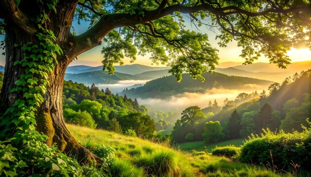 Sunrise over lush green rolling hills and foggy mountain valley with majestic old tree