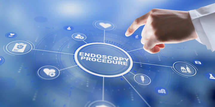 Hand pressing the ENDOSCOPY PROCEDURE button on a digital screen in a medical setting