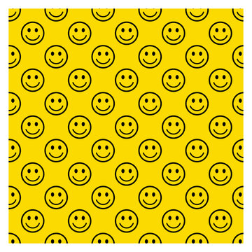 Seamless yellow vector pattern featuring playful black smiley face icons arranged in a repeating layout