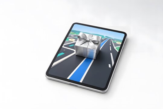 Digital tablet displaying 3D blue road navigation screen with white gift box running on lane