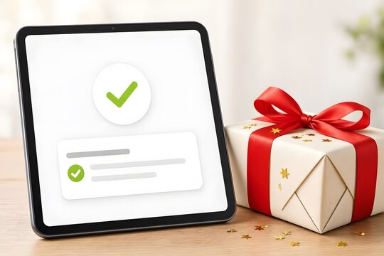 Digital tablet showing green checkmark approved screen near red ribbon gift box on table