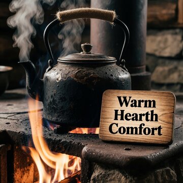 Rustic Cast Iron Kettle on a Wood Stove with Sign