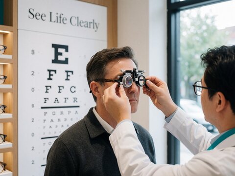 Optometrist Fitting Trial Frame During Eye Exam