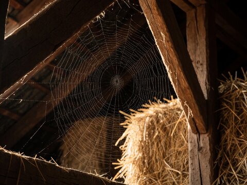 Spider Web Glowing in Sunlight Inside Rustic Wooden Barn
