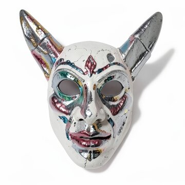 Peruvian puno diablada devil mask with metallic paint and lightweight plaster, traditional andean festival costume on white background