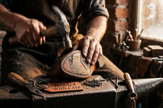 Shoemaker hammering a repair on a leather shoe sole