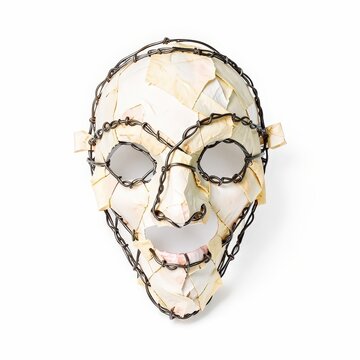 Traditional trinidadian pierrot grenade wire mask with papiermch details on white background