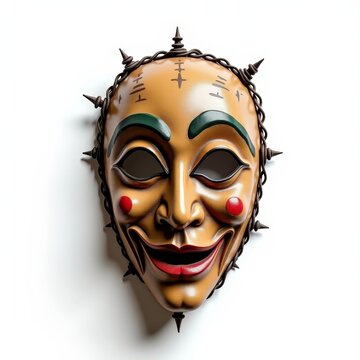 Traditional trinidadian pierrot grenade wire mask with papiermch details on white background, carnival folklore costume art