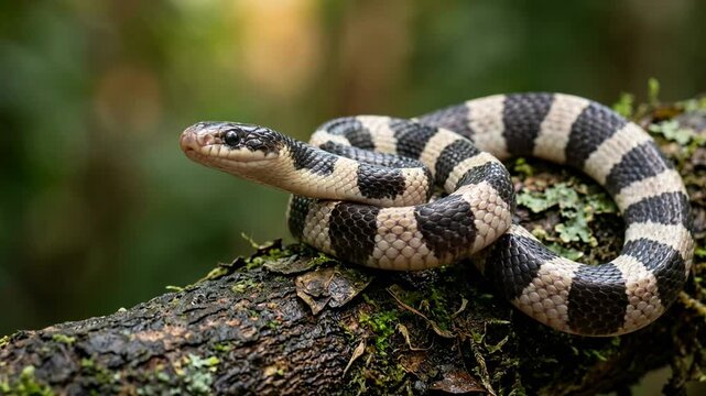 malayan krait close up at morning light in southeast asian tropical forest video