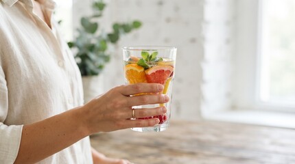 Fototapeta premium Woman holding a refreshing glass of infused water with citrus fruits and mint
