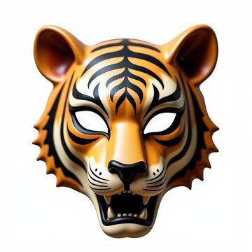 Handcarved mayainspired tiger mask for carnival, light wood, handpainted stripes, festive animal art on white background