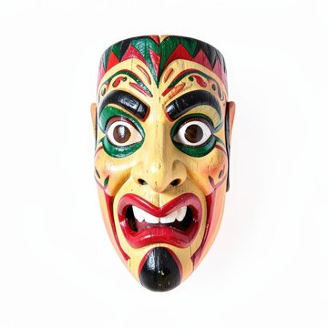 Colorful slovak fasching wooden mask with exaggerated features on white background, festive handcarved cultural carnival decor