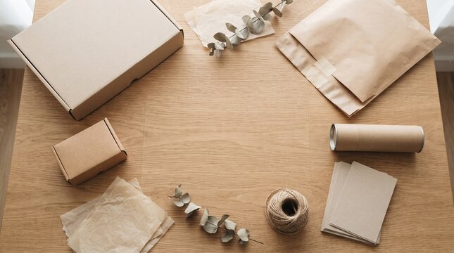 Eco friendly packaging materials arranged on a wooden table for shipping and delivery