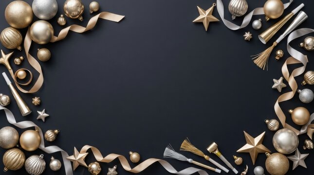 Luxury golden and silver christmas baubles border background