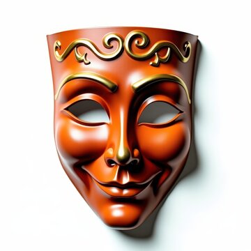 Papiermch italian commedia dell'arte mask in terracotta with gold swirls on white background