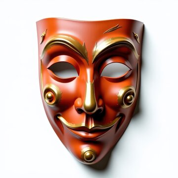 Papiermch italian commedia dell'arte mask in terracotta with gold swirls on white background