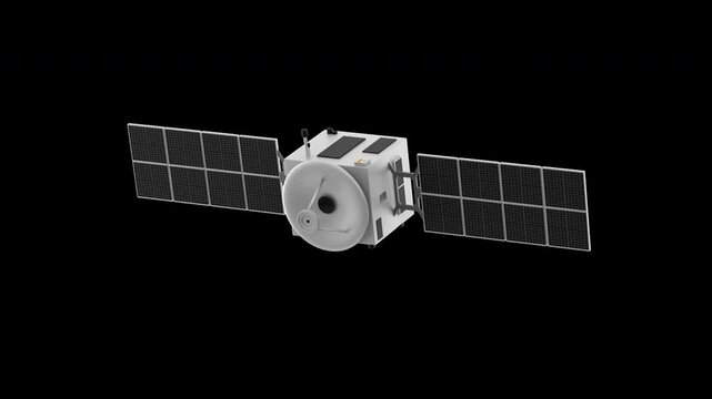 Artificial satellite sends a signal, then turns in the opposite direction, 3d render with alpha channel