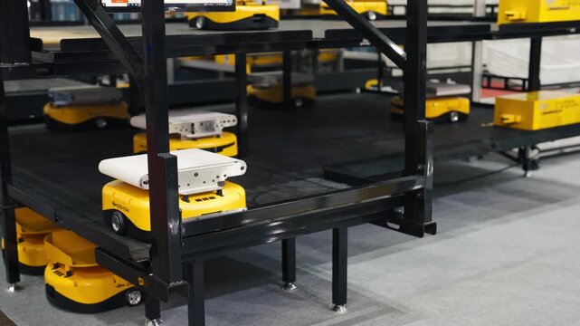 Futuristic industrial building interior with automated equipment and conveyor system
