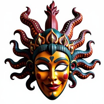 Vibrant bolivian oruro carnival mask with mythical creatures, metallic eyebrows, elaborate headgear, and flamboyant colors on white background