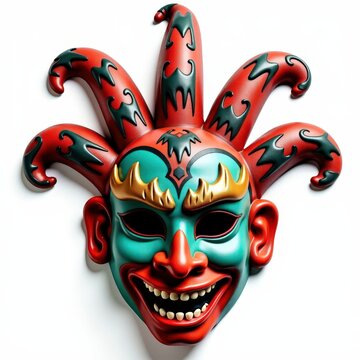 Flamboyant bolivian oruro carnival mask with mythical creatures, raised metallic eyebrows, elaborate headgear on white background