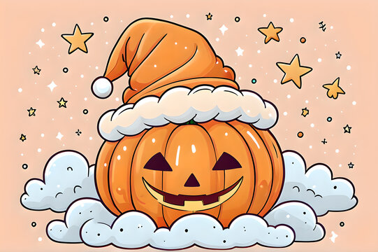 Cute sleepy cartoon wearing a cozy nightcap resting on soft clouds with glowing stars for a friendly Halloween design