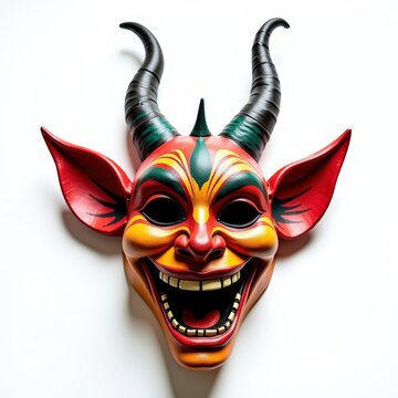 Colorful puerto rican vejigante carnival mask with spiky features and elongated horns on white background