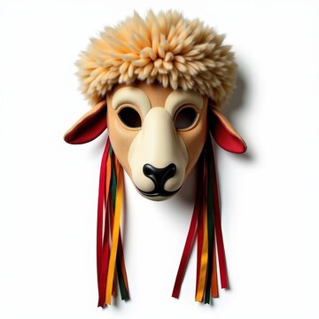 Croatian zvoncari bell ringer mask made of sheepskin with colorful ribbons on white background, traditional carnival costume headpiece