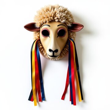 Croatian zvoncari bell ringer mask with sheepskin and colorful ribbons on white background for traditional festival culture
