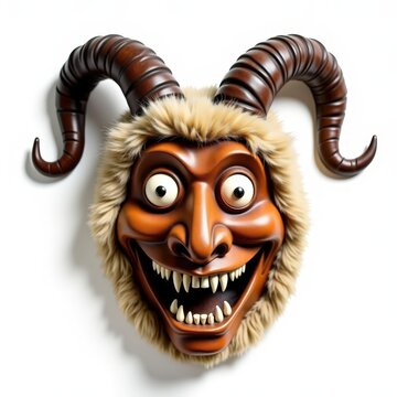 Hungarian bus mask with wooden smirking face, sharp white teeth, sheep fur, and horns on white background