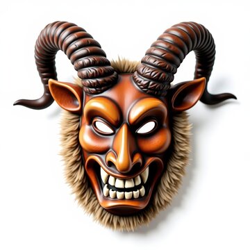 Hungarian bus mask with smirking wooden face, sharp white teeth, sheep fur frame, and horn adornments on white background