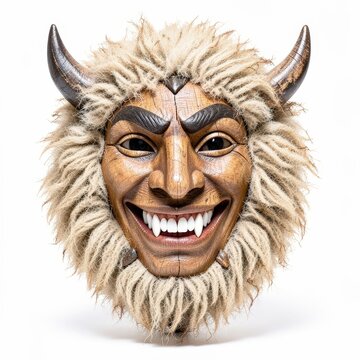 Hungarian bus mask with smirking expression, wooden craft, sharp white teeth, thick sheep fur, and horn adornments on white background