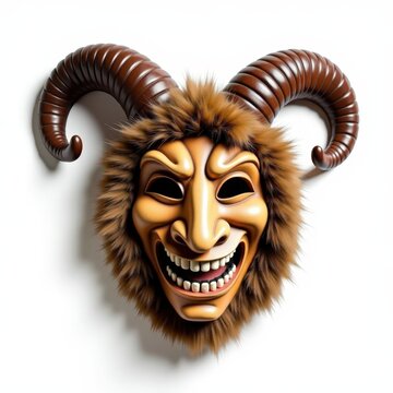 Hungarian bus mask with horns, wooden smirking face, white teeth, sheep fur frame, traditional festival costume on white background