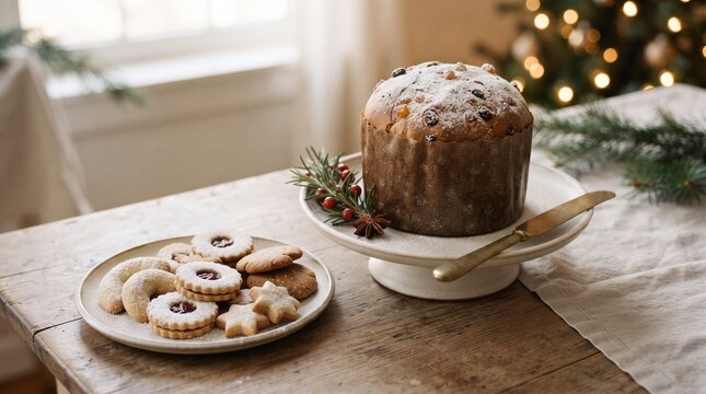 Christmas Panettone and Cookies on Wooden Table with Festive Bokeh Lights