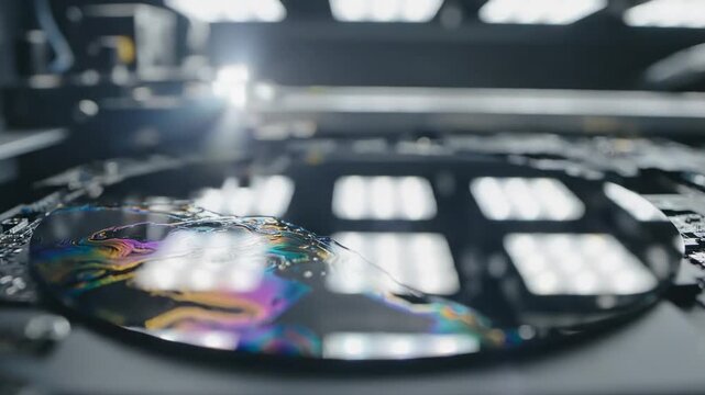 In a workshop, a colorful liquid spreads over a tech surface. Lights above provide a bright view of the details. The action highlights the mixture and texture of the liquid