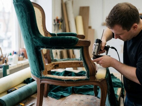 Upholsterer restoring vintage green velvet armchair